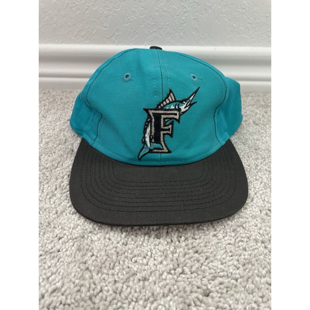 Vintage 90s Florida Marlins MLB Baseball Teal Blue Black Snapback Cap Hat Adult
